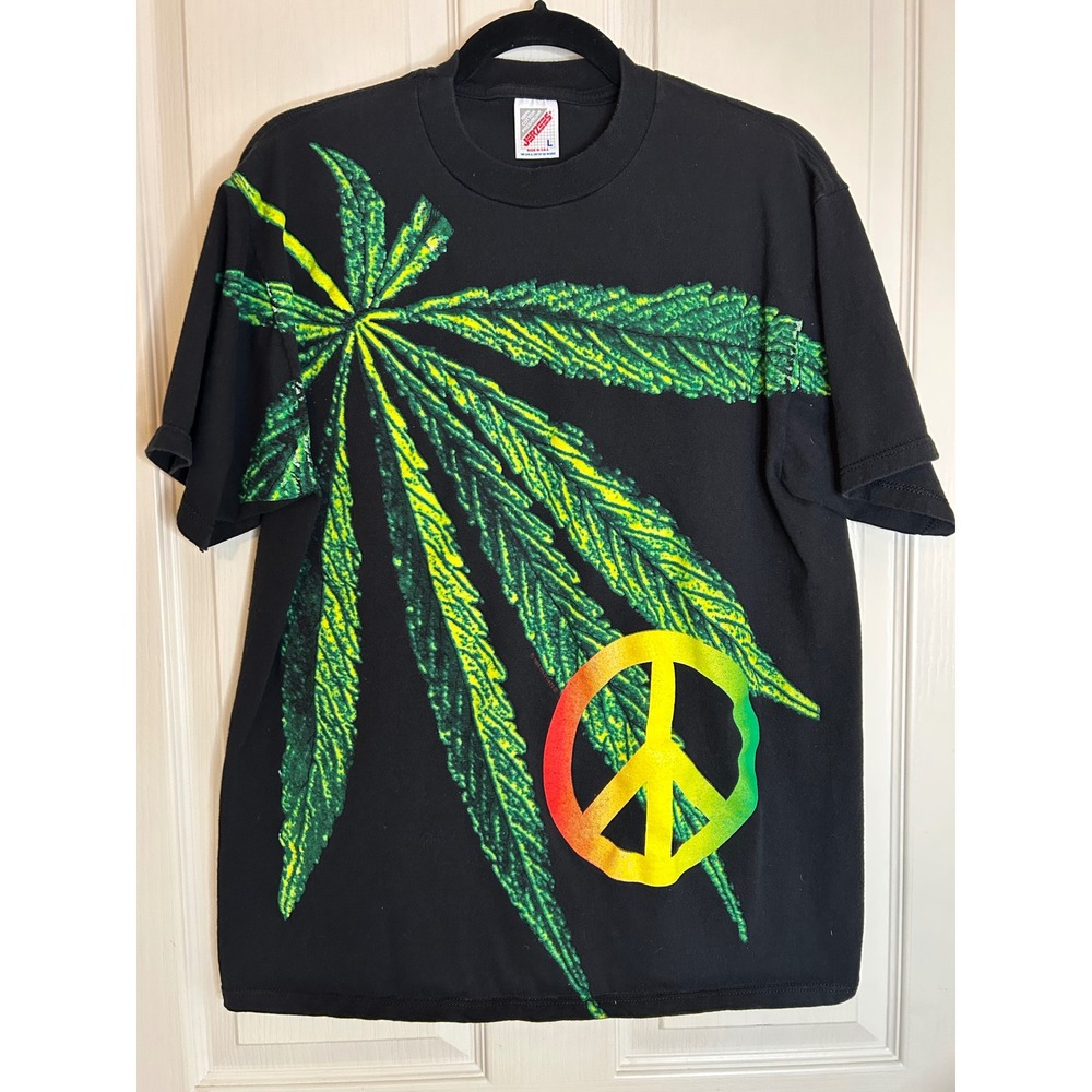 Vintage Jerzees Marijuana Peace Sign T-Shirt Black Rasta Graphic Large USA Made